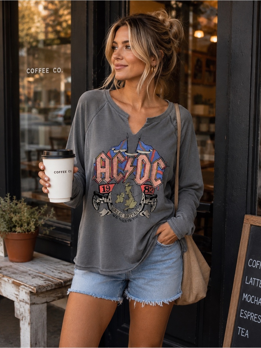 ⚡️LUCKY BRAND ACDC Waffle Knit Thermal Graphic Long Sleeve - Gray Small